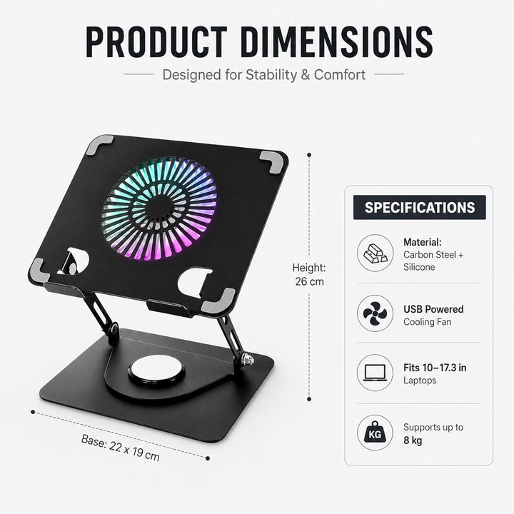 Aicharynic Laptop Ständer mit RGB Laptop Kühler, 360° Schwenkbar, 8KG Tragkraft, Belüfteter Notebook