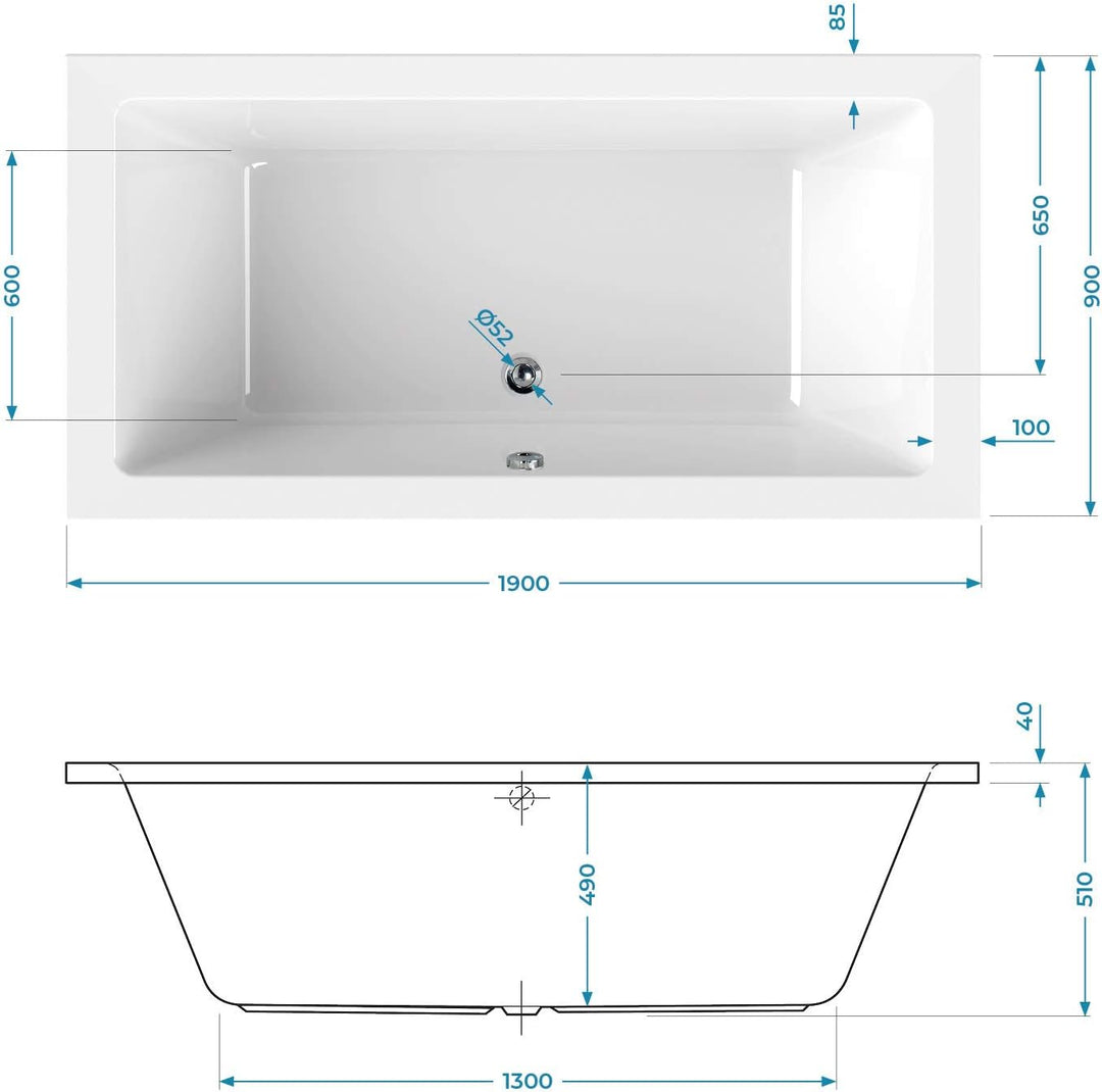 Calmwaters® Rechteck-Badewanne 190x90 cm, Acrylwanne Modern Square 2, Duo-Badewanne für zwei Persone