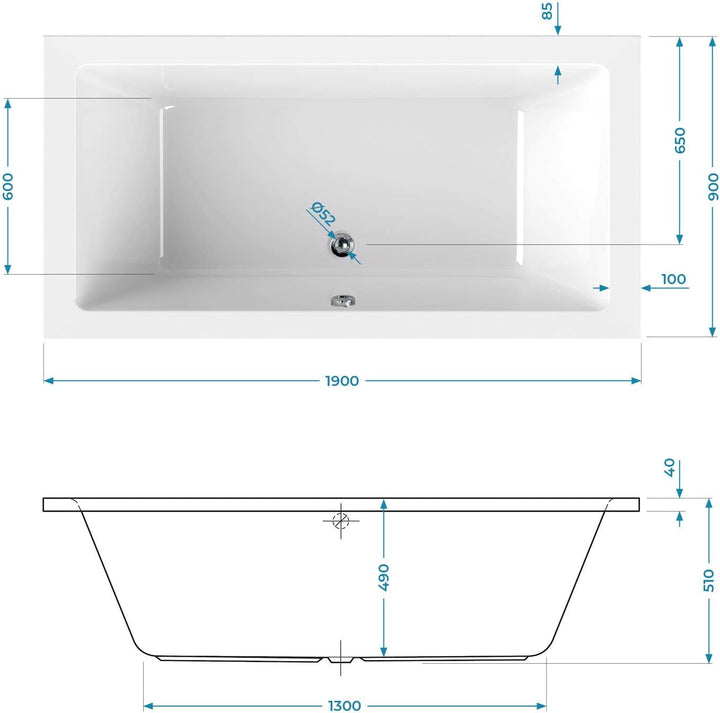 Calmwaters® Rechteck-Badewanne 190x90 cm, Acrylwanne Modern Square 2, Duo-Badewanne für zwei Persone