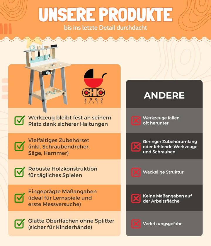 Bayer Chic 2000 278 30 Kinder-Werkbank aus Holz mit Werkzeug und Zubehör, Werkzeugbank, bunt
