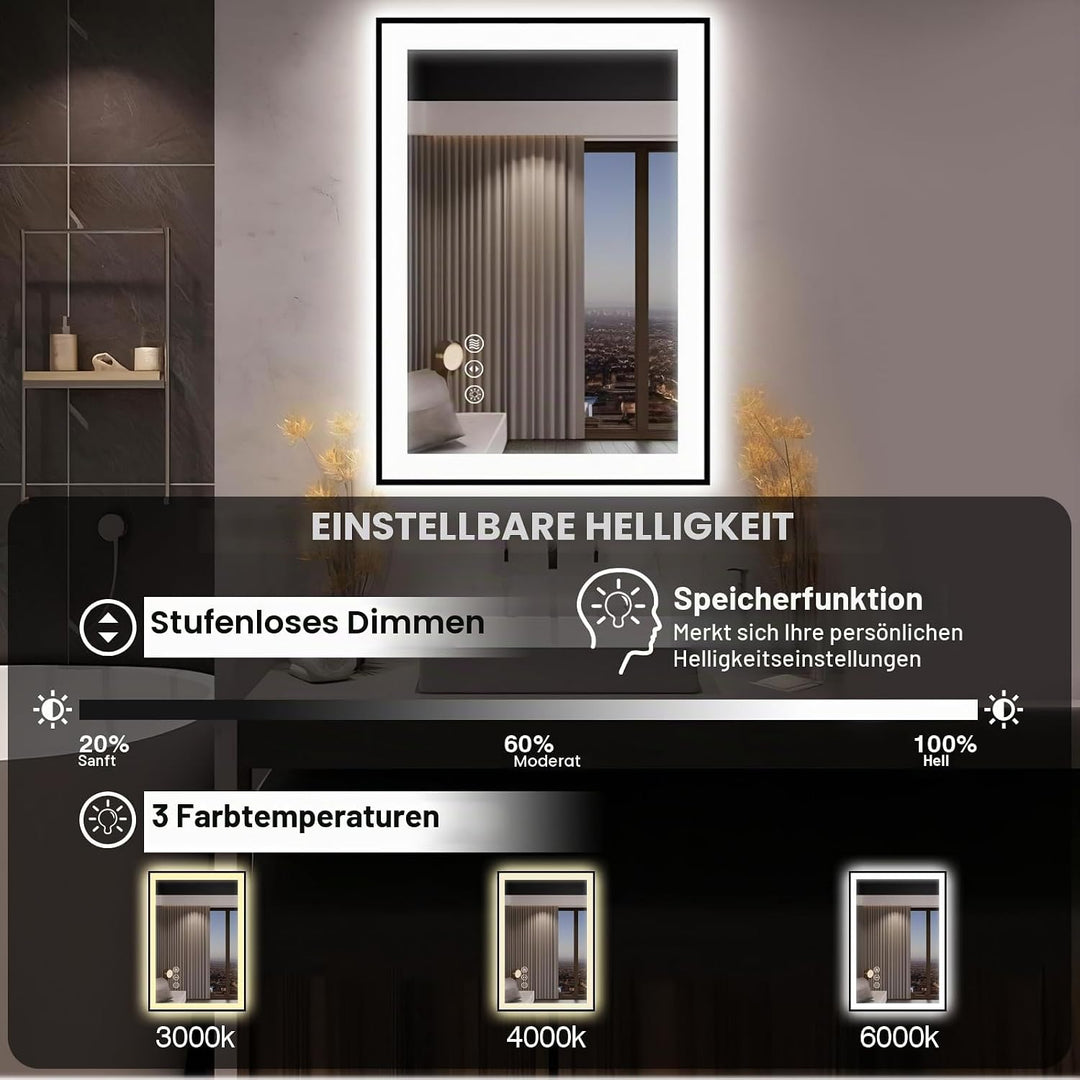 EchosLife 70x90cm Badspiegel mit Beleuchtung Schwarz Aluminium, Dimmbar Spiegel mit Beleuchtung, Ant