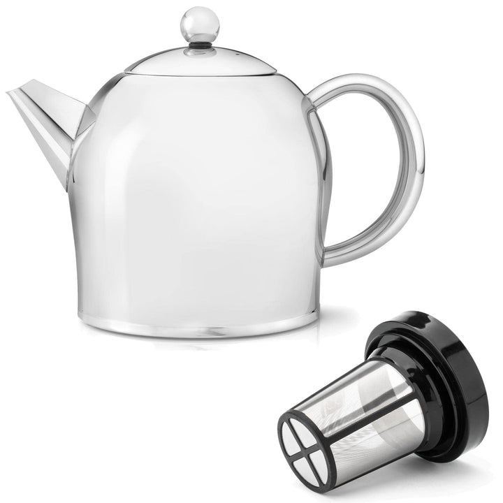 Teekanne Set 1.0 Liter - Edelstahl glänzend doppelwandig - Grosser Teebereiter mit Tee-Filter-Sieb-A