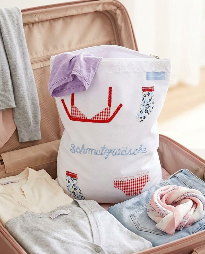 Wäschebeutel Aufbewahrung schmutzige Wäsche weiss 38 x 27 cm bestickt –