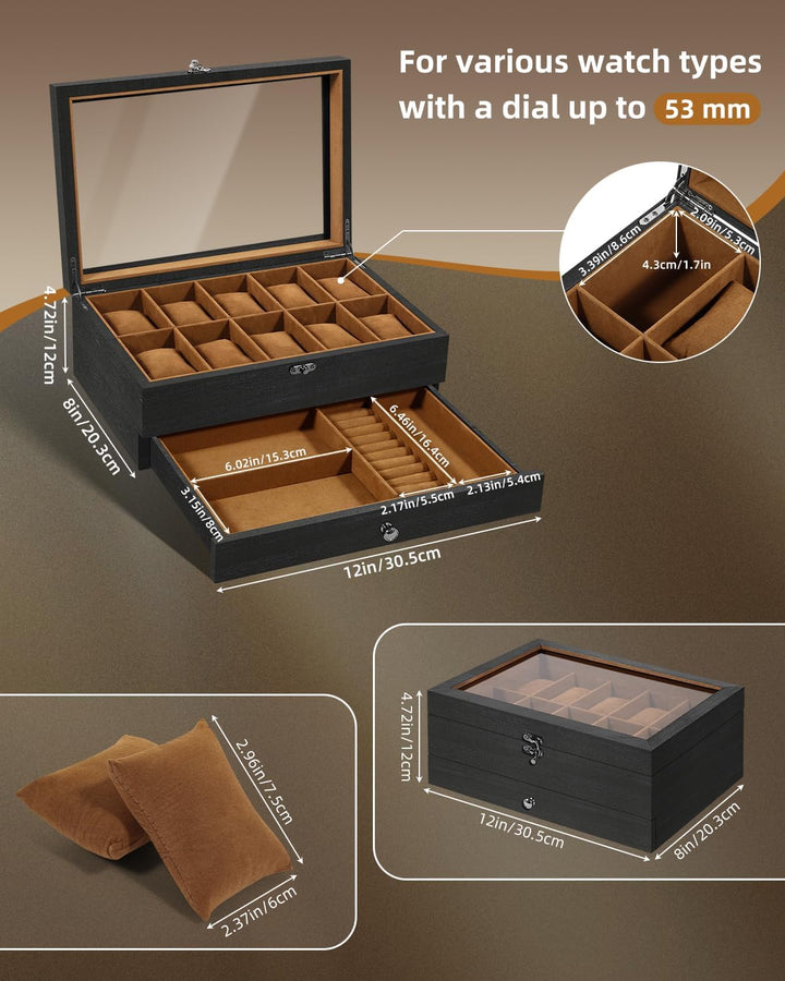 Uten Uhrenbox mit 10 Fächern, 2 Ebenen Uhrenkasten aus Massivholz mit Glasdeckel, Uhrenkissen Seiden