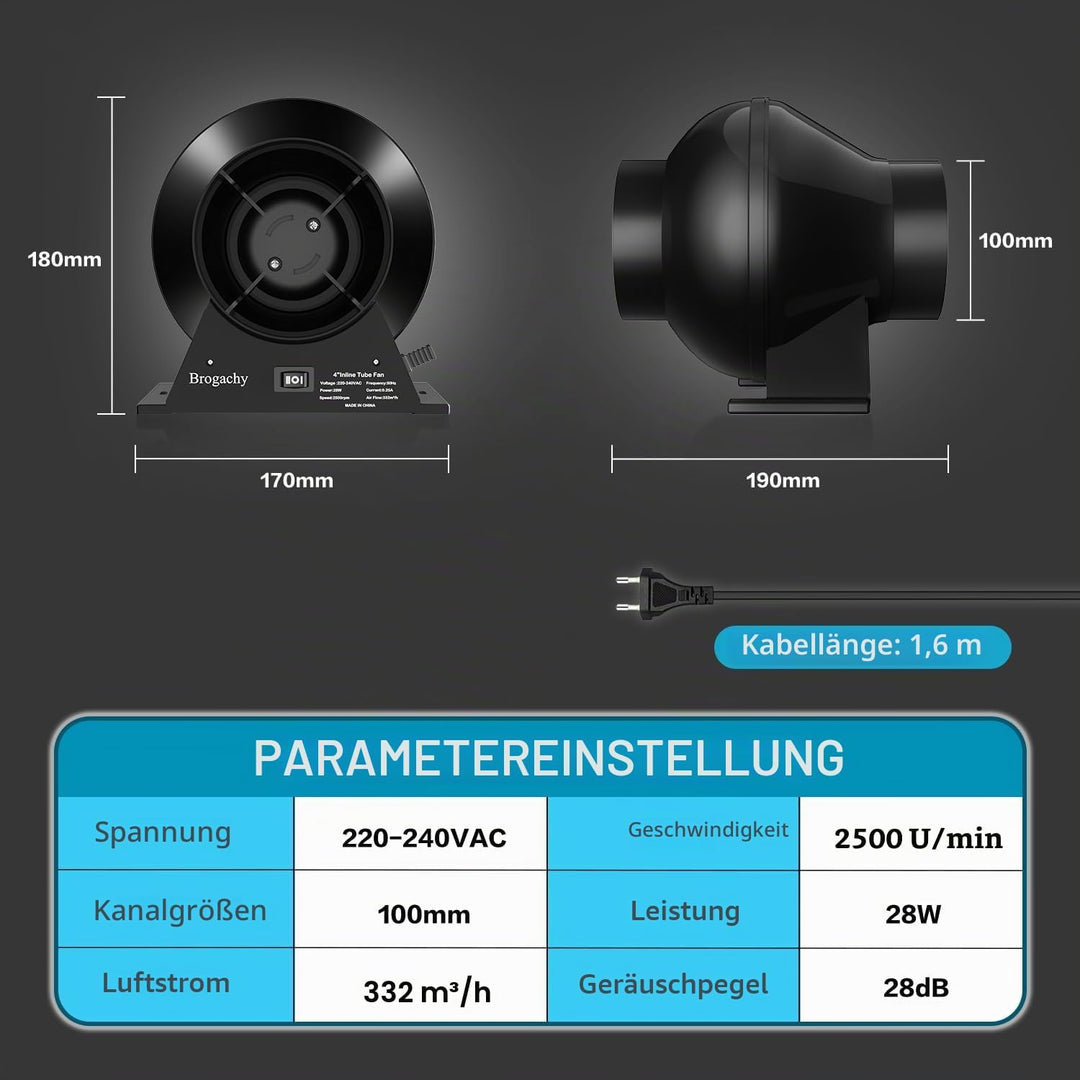 Rohrventilator 100mm,Rohrlüfter EC Motor, Abluftventilator 357m³/h,Mit Smart Steuerung, Temperatur F