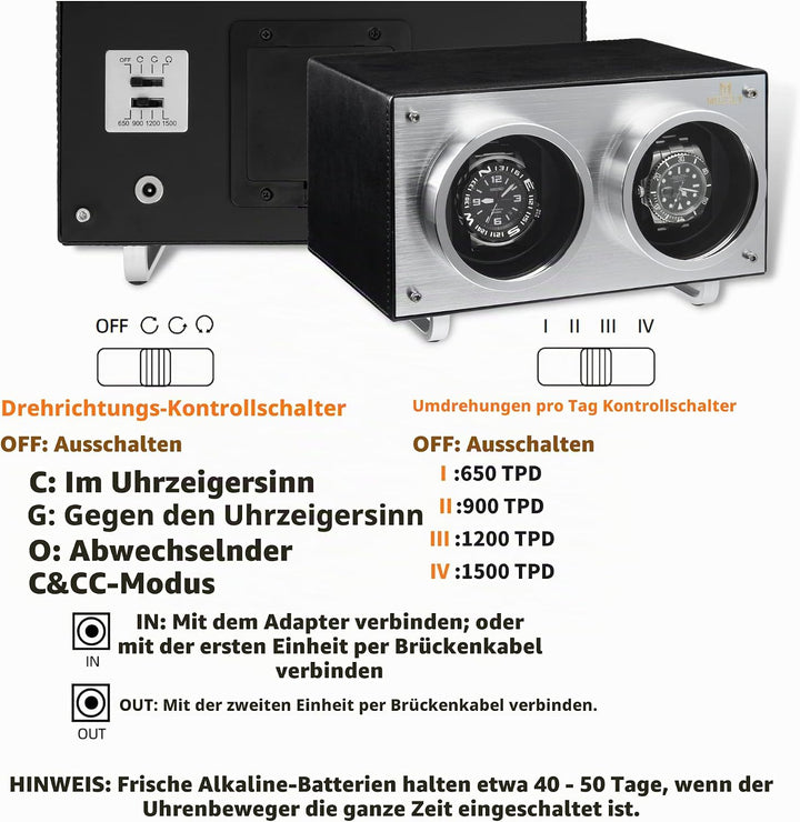MOZSLY Doppel Uhrenbeweger für Automatik-Uhren mit leisem Motor 12 Rotationsmodi Einstellung Leder S