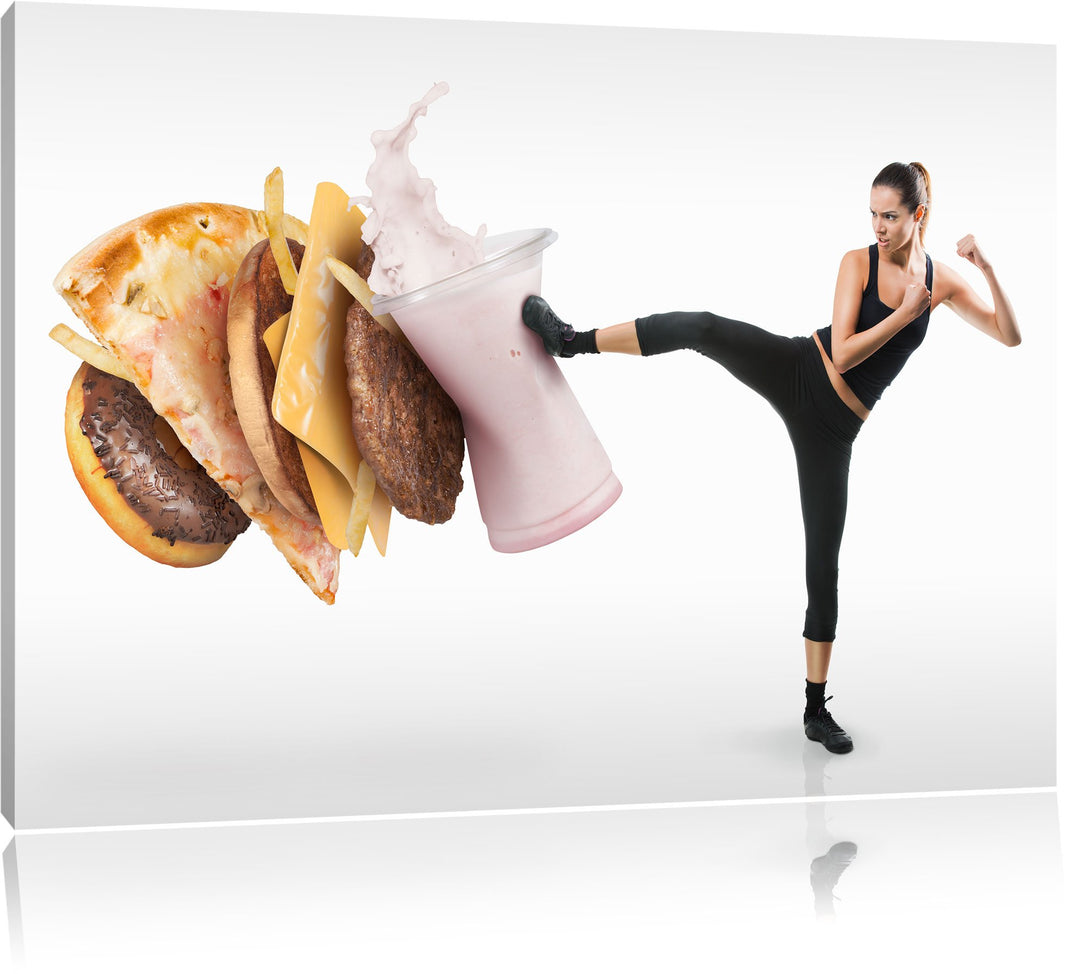 Pixxprint Frau kickt gegen Fastfood als Leinwandbild/Grösse: 100x70 cm/Wandbild/Kunstdruck/fertig be