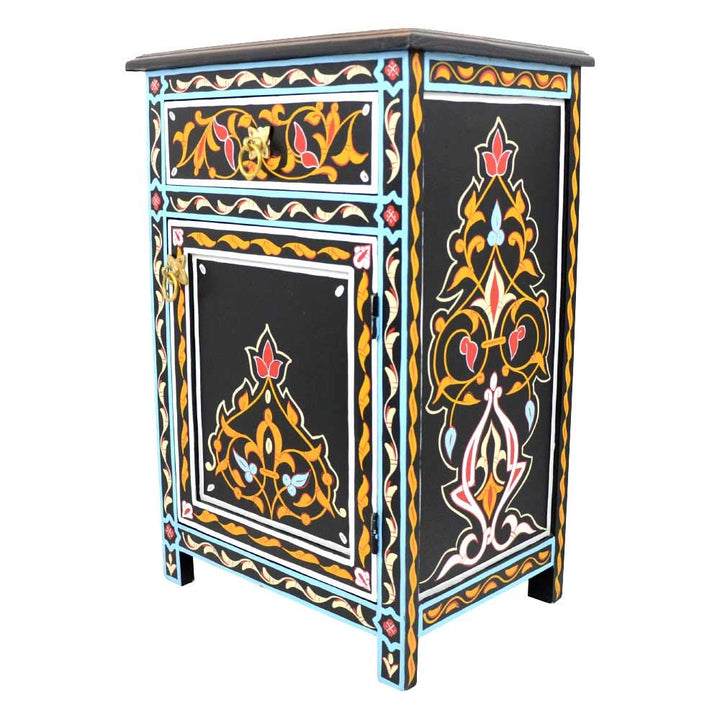 L´Orient Marokkanische Kommode Menara aus Vollholz Schwarz Handbemalt H 68 cm 1 Schublade 1 Tür | An