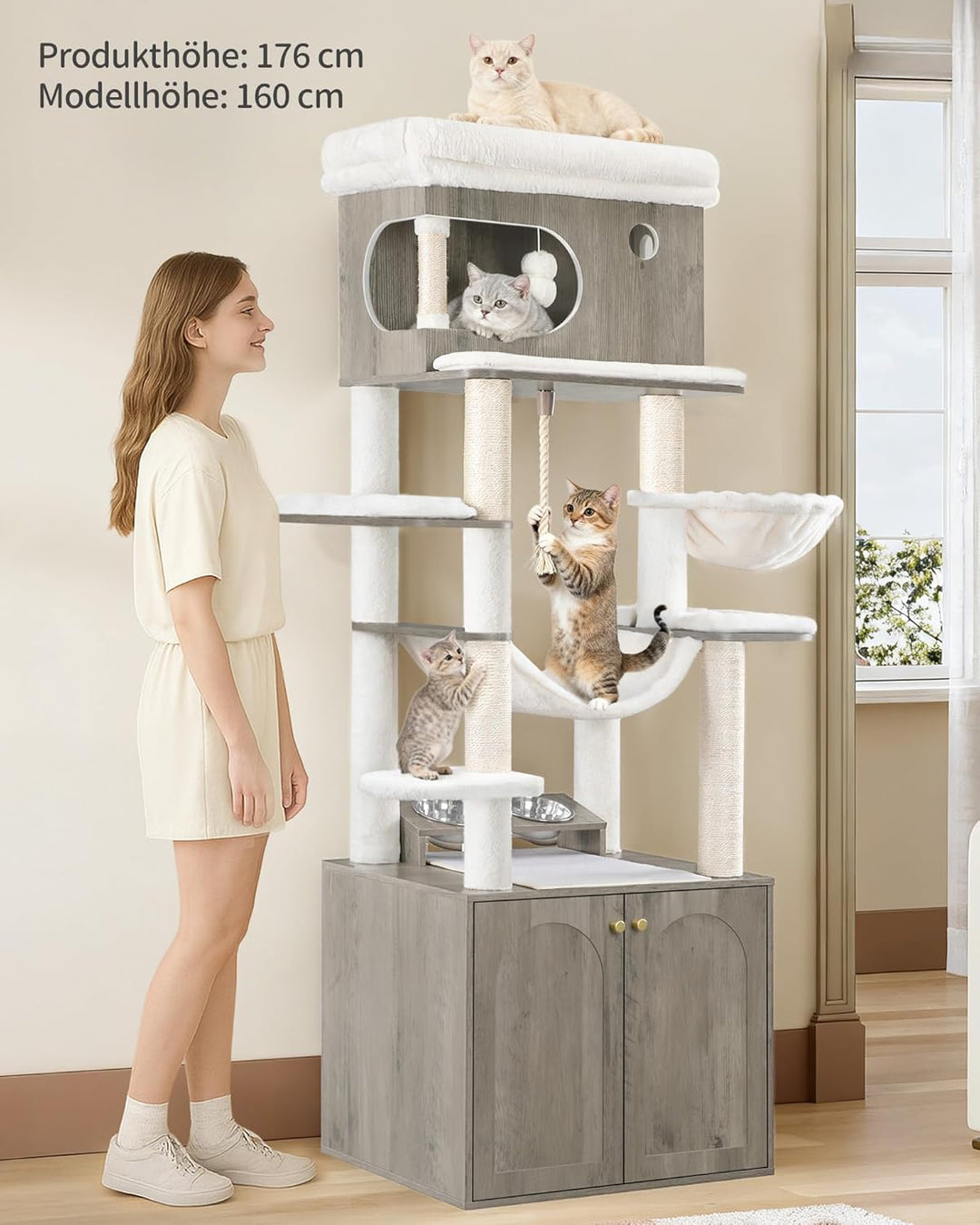 Hzuaneri Kratzbaum, Katzenbaum mit Katzenklo Schrank, Futterstation, 176 cm Hoch, mit grosser Plattf