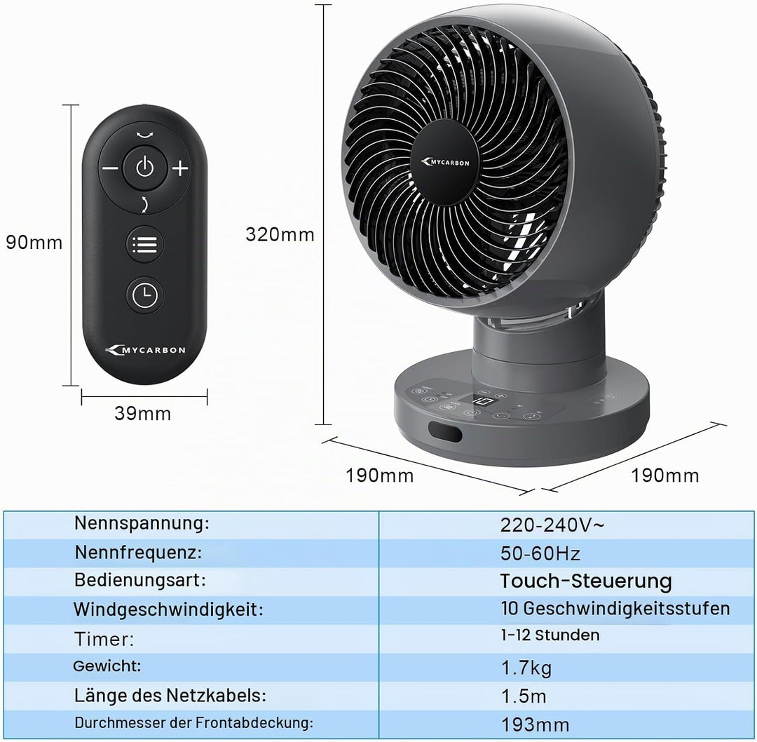 MYCARBON Ventilator leise DC Motor 30°/60°/90° Oszillation 10 Stufe 12h Timmer Turbo Modus Tischvent