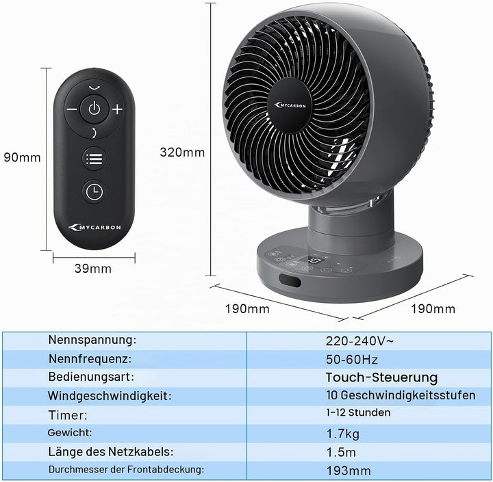 MYCARBON Ventilator leise DC Motor 30°/60°/90° Oszillation 10 Stufe 12h Timmer Turbo Modus Tischvent