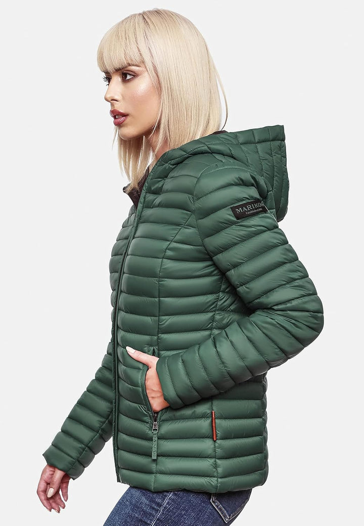 MARIKOO Damen leichte Übergangsjacke Steppjacke mit Kapuze Asraa XS-3XL, XS Dark Green