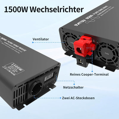 DATOUBOSS Wechselrichter 1500W Reiner Sinus 12V auf 230V Spannungswandler Spitzenleistung 3000W mit