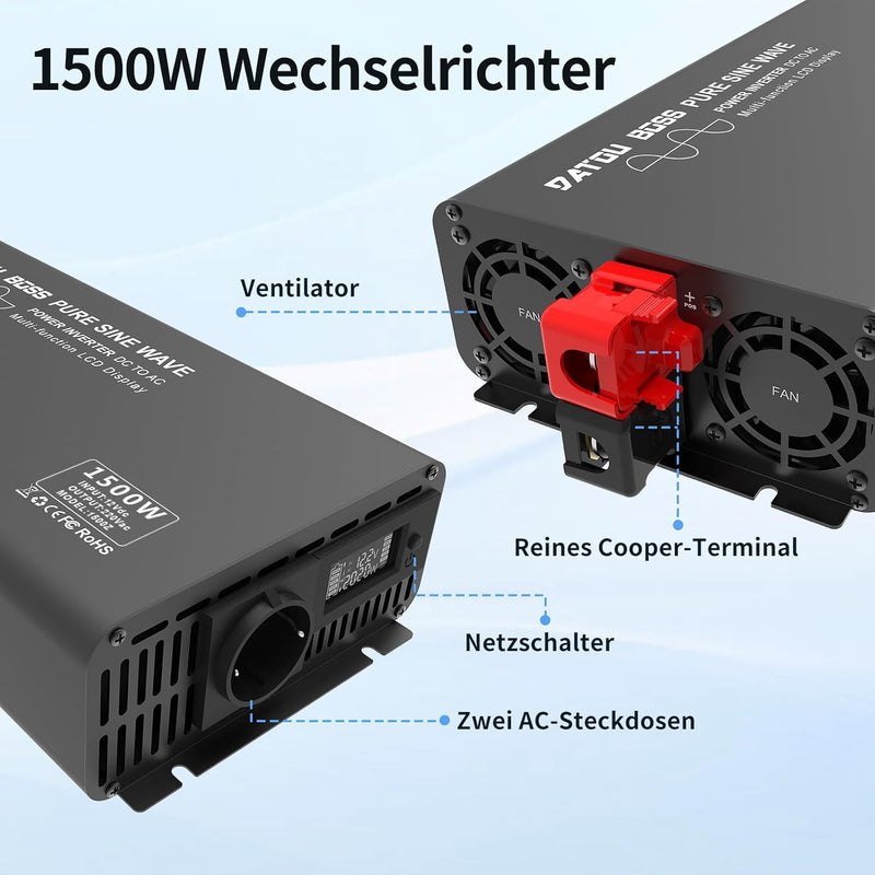DATOUBOSS Wechselrichter 1500W Reiner Sinus 12V auf 230V Spannungswandler Spitzenleistung 3000W mit