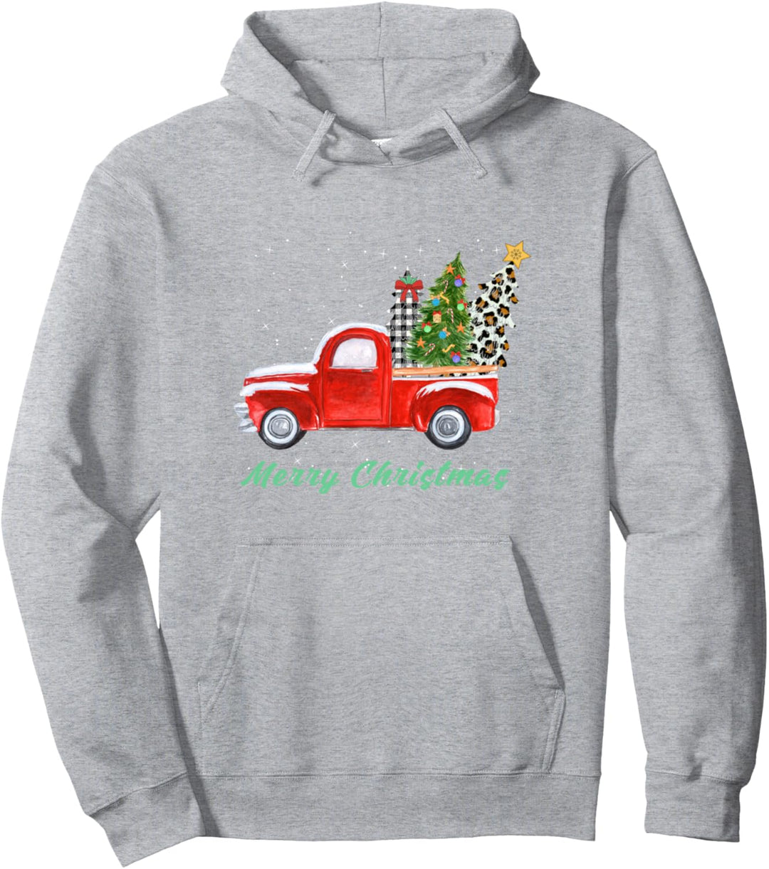 Merry Christmas Leopard Plaid Christmas Tree Shirt Red Truck Pullover Hoodie