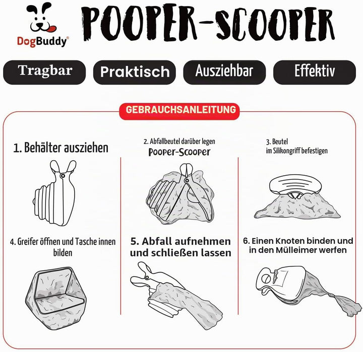 DogBuddy Kotschaufel, tragbare Hundekotschaufel, hygienische Hundekot-Aufsammlung, Hundeleinen-Clip