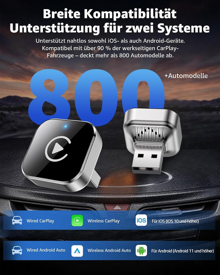 Wireless CarPlay Adapter, Kabelloser CarPlay & Android Auto Adapter, USB Dongle mit Schneller Automa