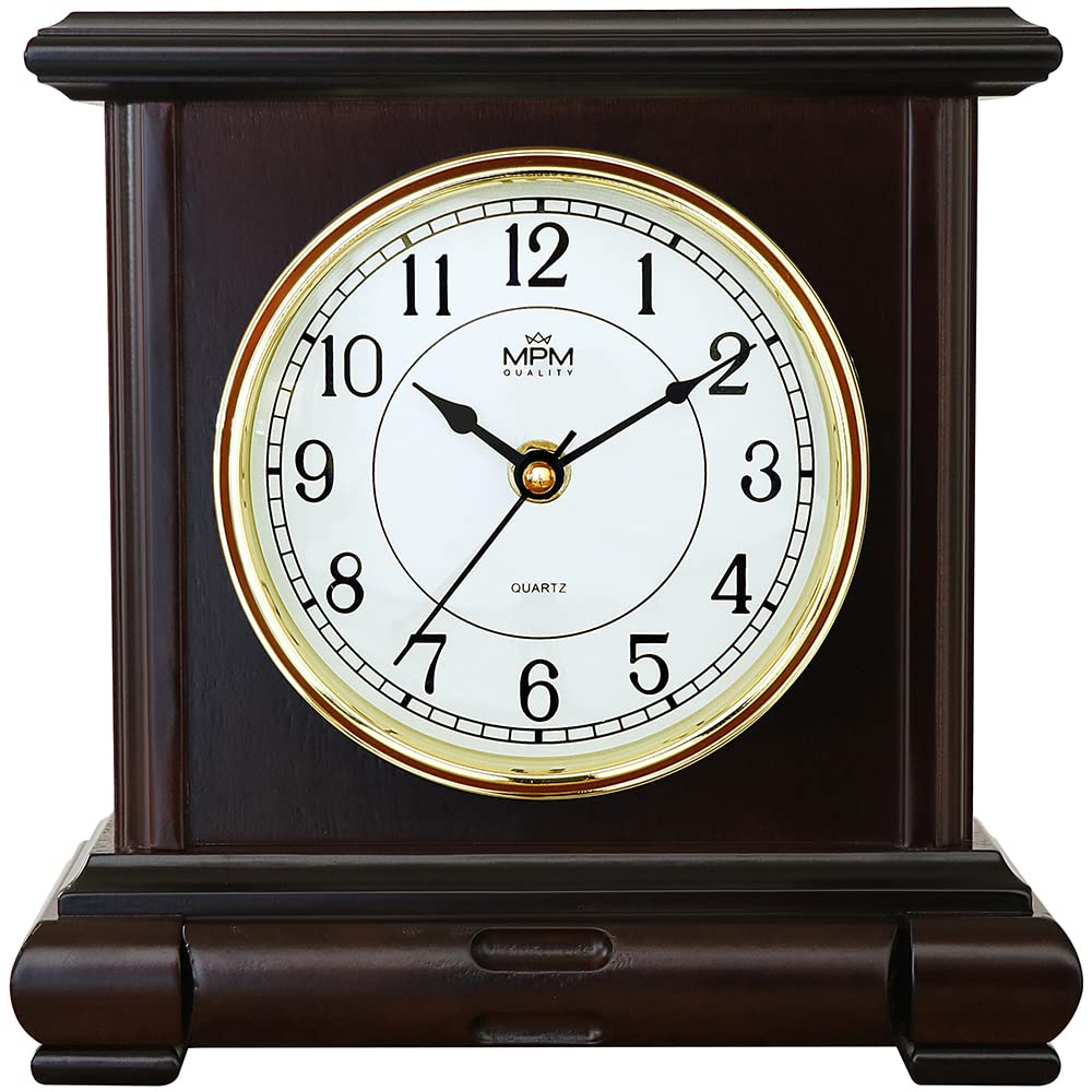 MPM Quality Retro Dark Wood Tischuhr, Dunkelbraun, Traditionelle und Elegante Holztischuhr, Arabisch