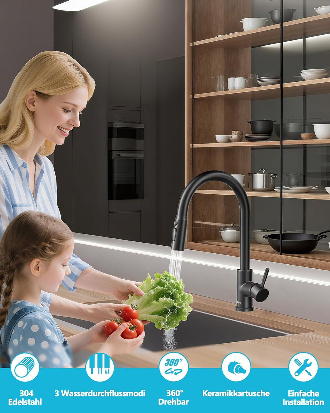 Küchenarmatur, Hochdruck Wasserhahn Küche Ausziehbar, Mischbatterie Küche mit küchenarmaturen, 360°-