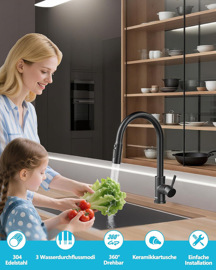 Küchenarmatur, Hochdruck Wasserhahn Küche Ausziehbar, Mischbatterie Küche mit küchenarmaturen, 360°-