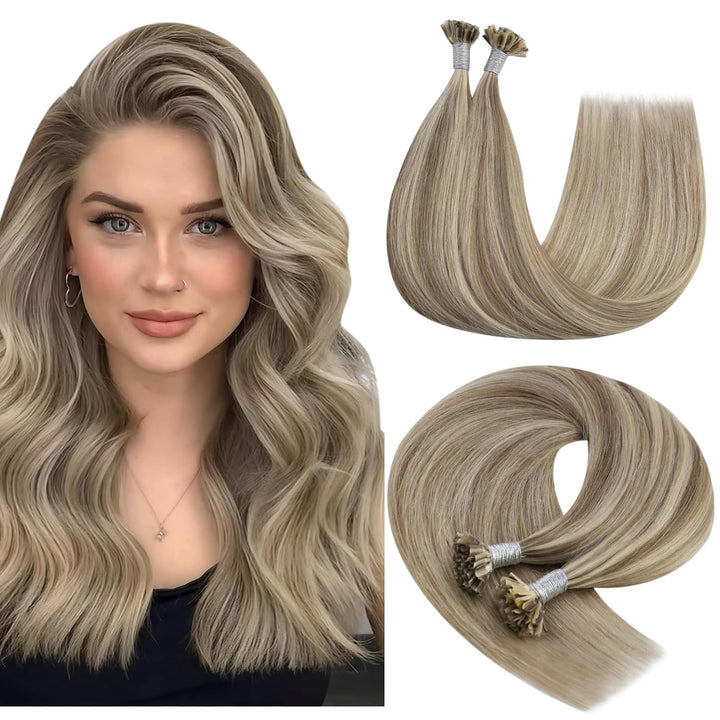 YoungSee Extensions Echthaar Bondings Blond 45cm Bonding Extensions Echthaar Hellbraun Highlight Pla