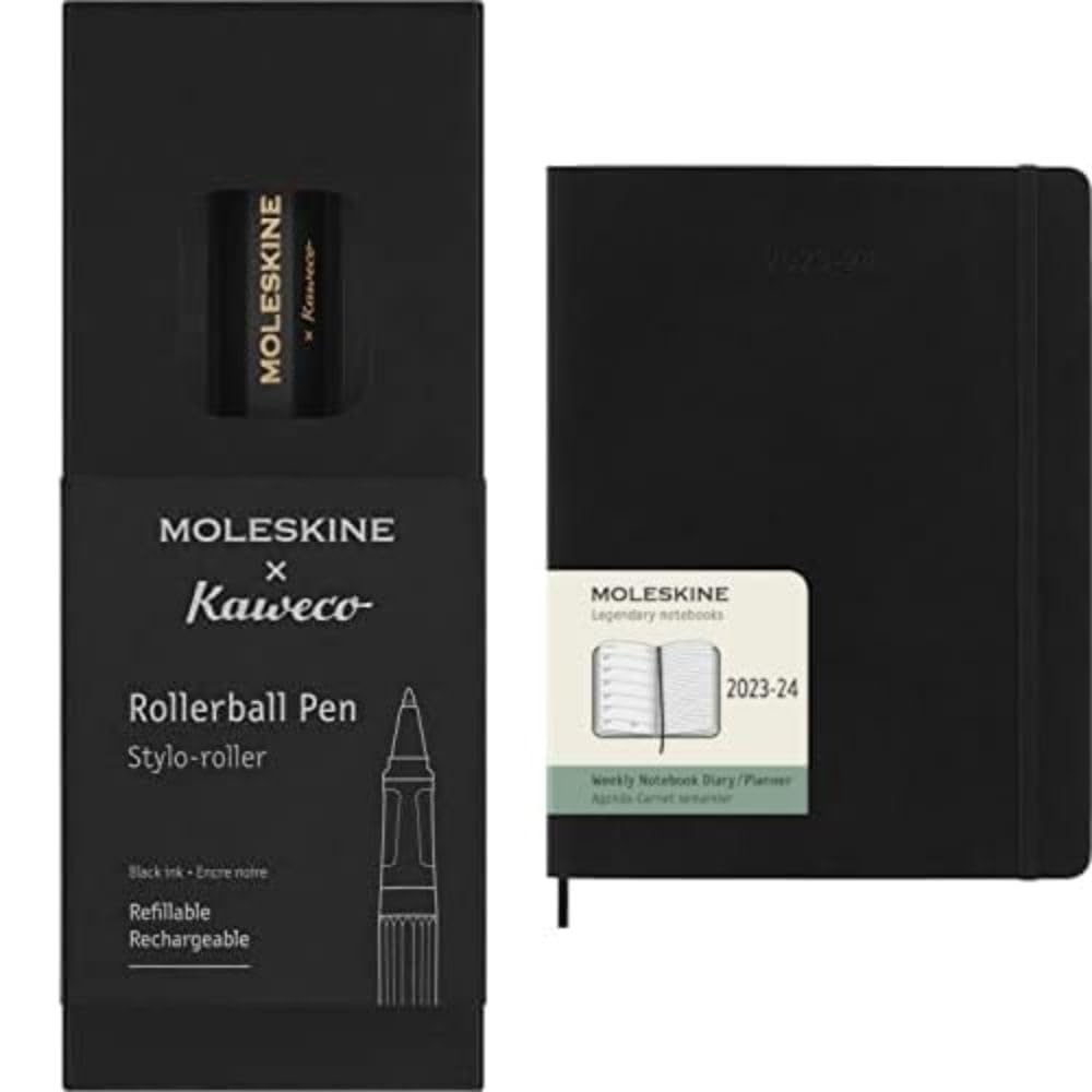 Moleskine x Kaweco Tintenroller, Farbe Schwarz + Wochenplaner 2023-2024,18-Monate-Kalender, Akademis