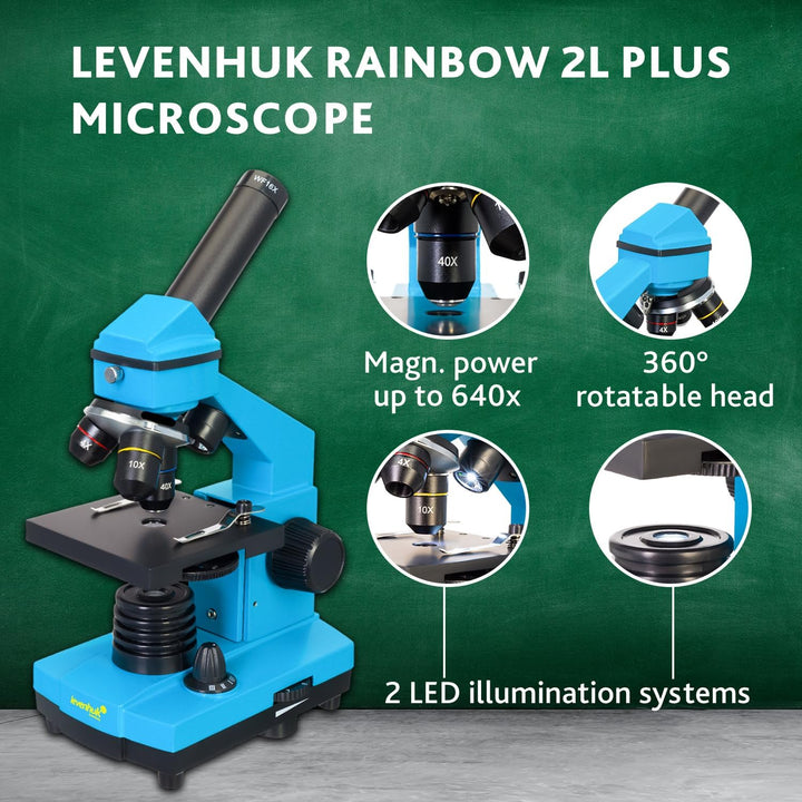 Levenhuk Rainbow 2L Plus Azure Kinder Heimlabor STEM-Set mit Tragbarem Biologischen Mikroskop mit 64