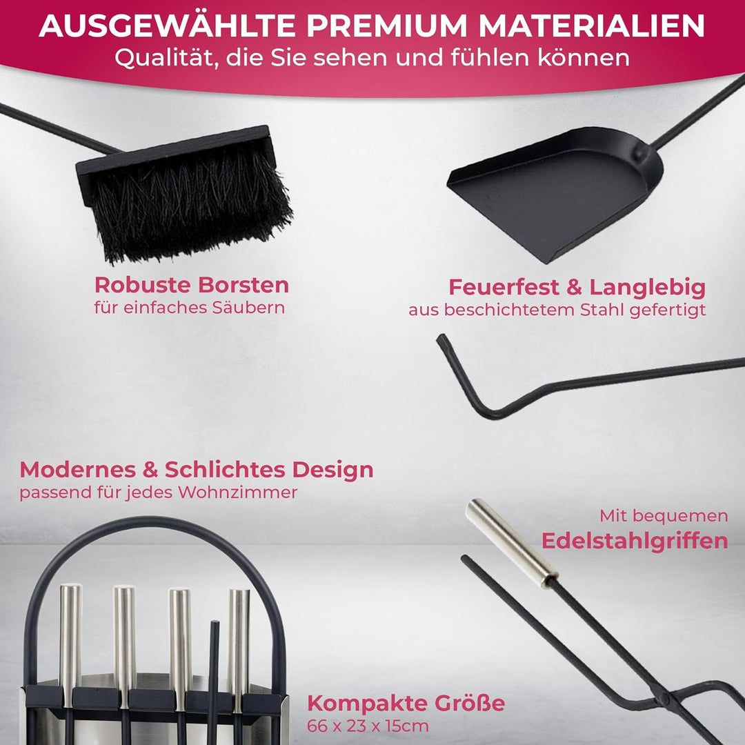 SULENO Kaminbesteck LONDON 5-teilig Kamingarnitur mit Ascheschaufel Besen Schürhaken, Kaminset & Hal