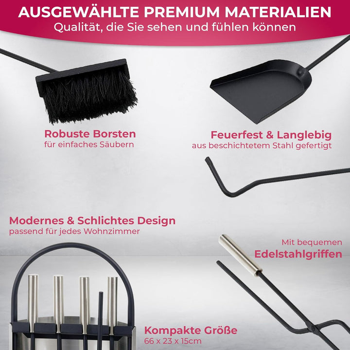 SULENO Kaminbesteck LONDON 5-teilig Kamingarnitur mit Ascheschaufel Besen Schürhaken, Kaminset & Hal