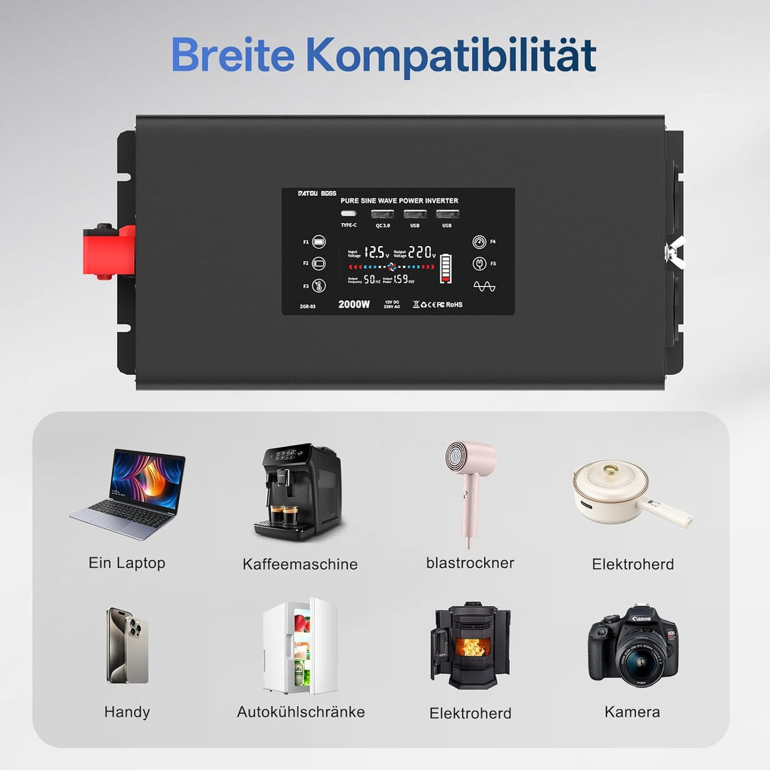 2000W Wechselrichter Reiner Sinus 12v auf 230v - Fernbedienung Spannungswandler mit 3 USB Ports 2 EU