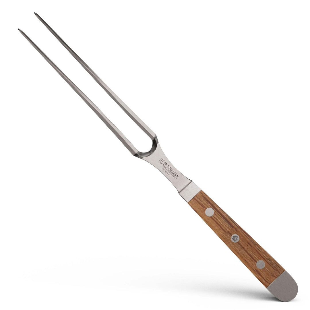 GÜDE Solingen - Fleischgabel geschmiedet, 18 cm, Fasseichenholz, ALPHA FASSEICHE, Doppelkropf, Handm