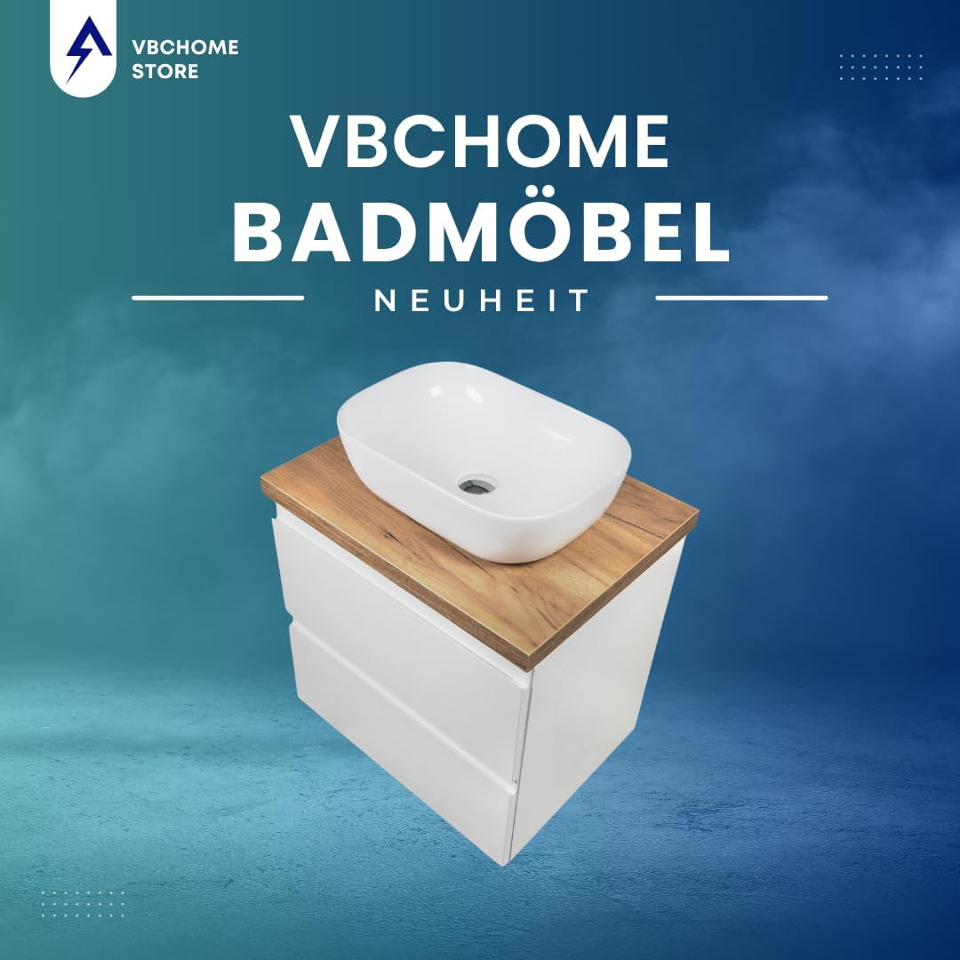 VBChome Badmöbel 50 cm Weiss Aufsatzwaschbecken 48x35 cm Aufsatzwaschtisch mit Waschbeckenunterschra