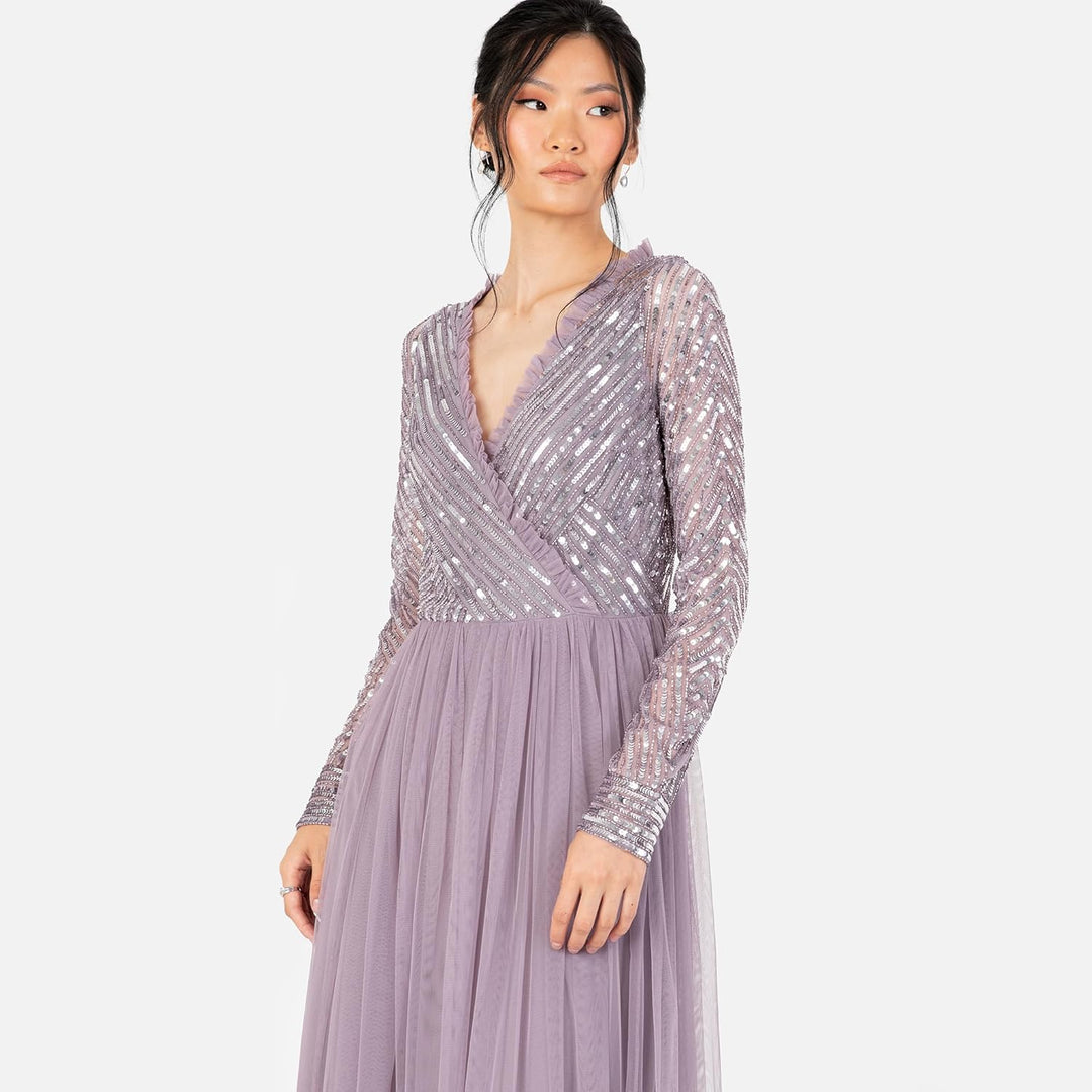 Maya Deluxe Damen Women's Maxi Ladies Embellished Wrap Tulle Frilly V-Neck Long Sleeve for Wedding G