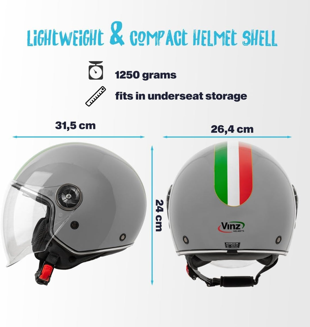 VINZ Neiva Jethelm mit Doppelvisier | Roller Helm mit Italienische Flagge &amp; mit Sonnenblende | In Gr