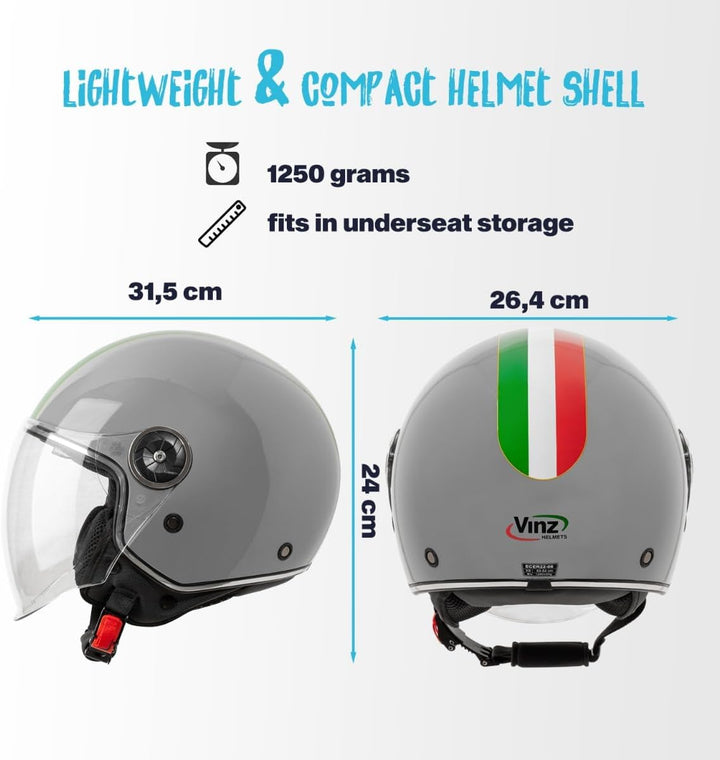 VINZ Neiva Jethelm mit Doppelvisier | Roller Helm mit Italienische Flagge &amp; mit Sonnenblende | In Gr