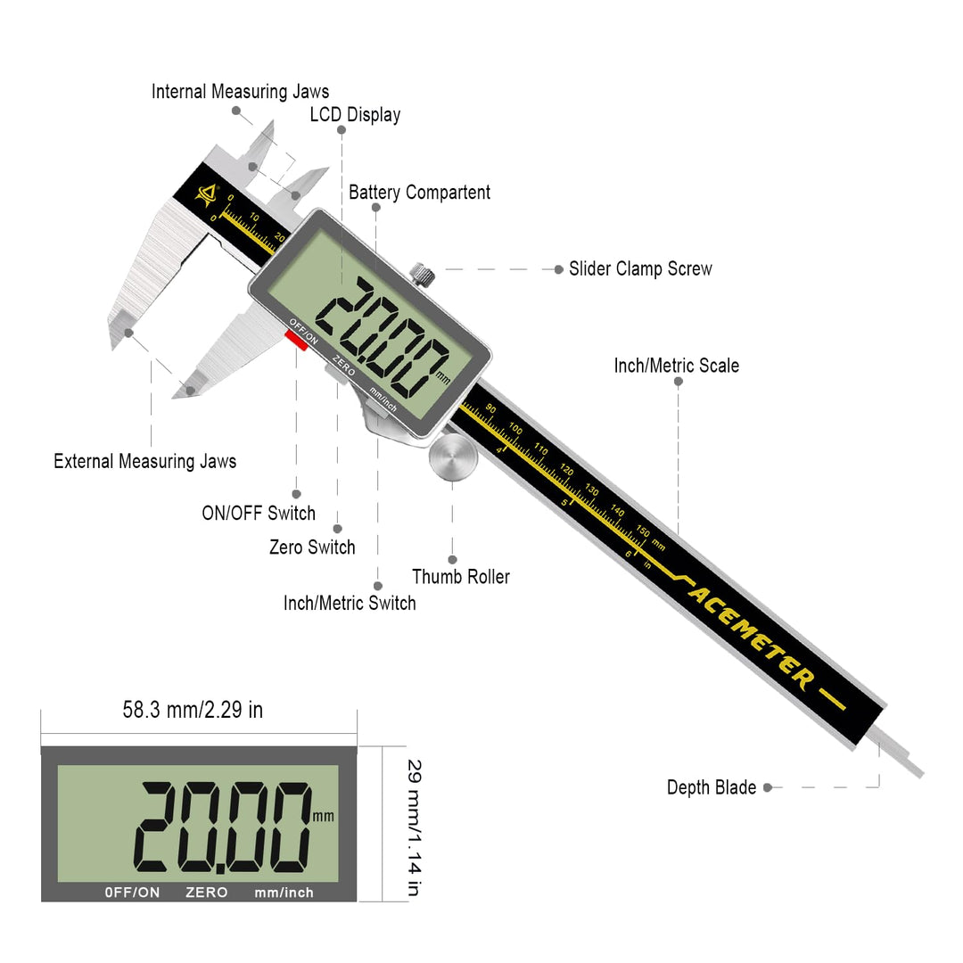 Digital Caliper,ACEMETER 0-6" Vernier Calipers Measuring Tool-Electronic Micrometer with Large LCD S