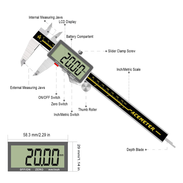 Digital Caliper,ACEMETER 0-6" Vernier Calipers Measuring Tool-Electronic Micrometer with Large LCD S