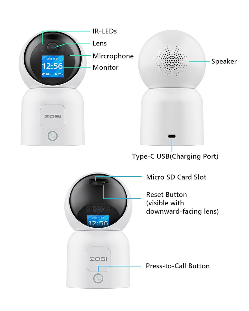 ZOSI 2,5K 4MP WLAN Innen Überwachungskamera mit Monitor, 360° Schwenkbare Kamera Indoor für Baby, 2,