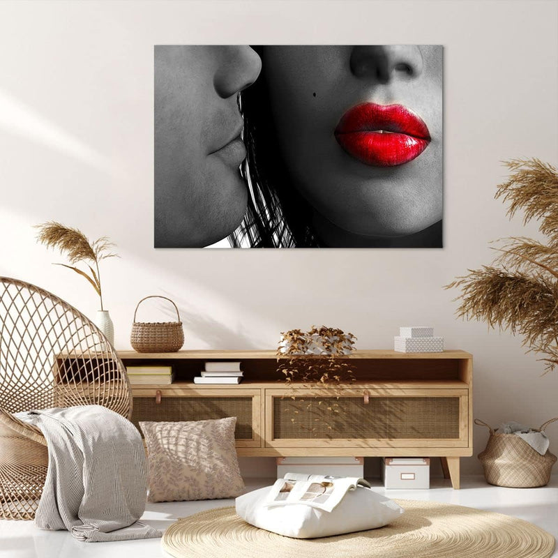 Bilder auf Leinwand 100x70cm Leinwandbild Rote Lippen dunkles Haar Modell Liebe Gross Wanddeko Bild