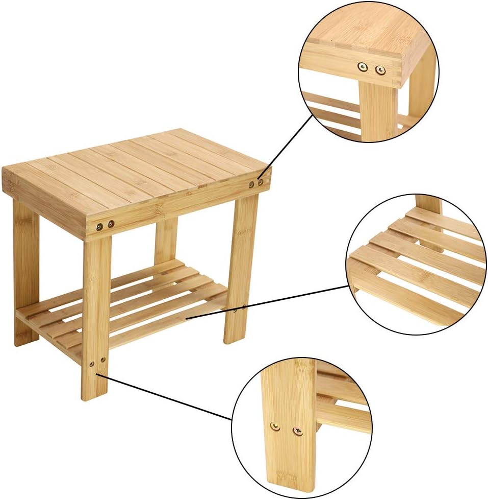 KKTONER Bambus Tritthocker mit Ablagefach für Badezimmer Wohnzimmer Schlafzimmer Natürliche Farbe Ba