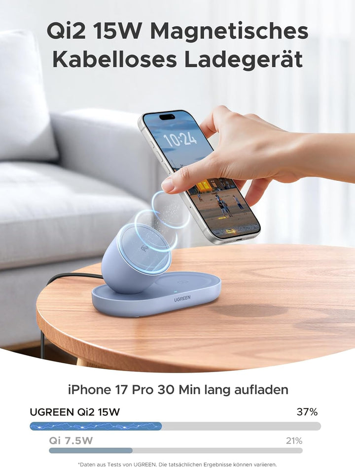 UGREEN 2-in-1 Magnetisches Kabelloses Ladegerät 15W, Qi2 zertifizierte iPhone Ladestation kompatibel