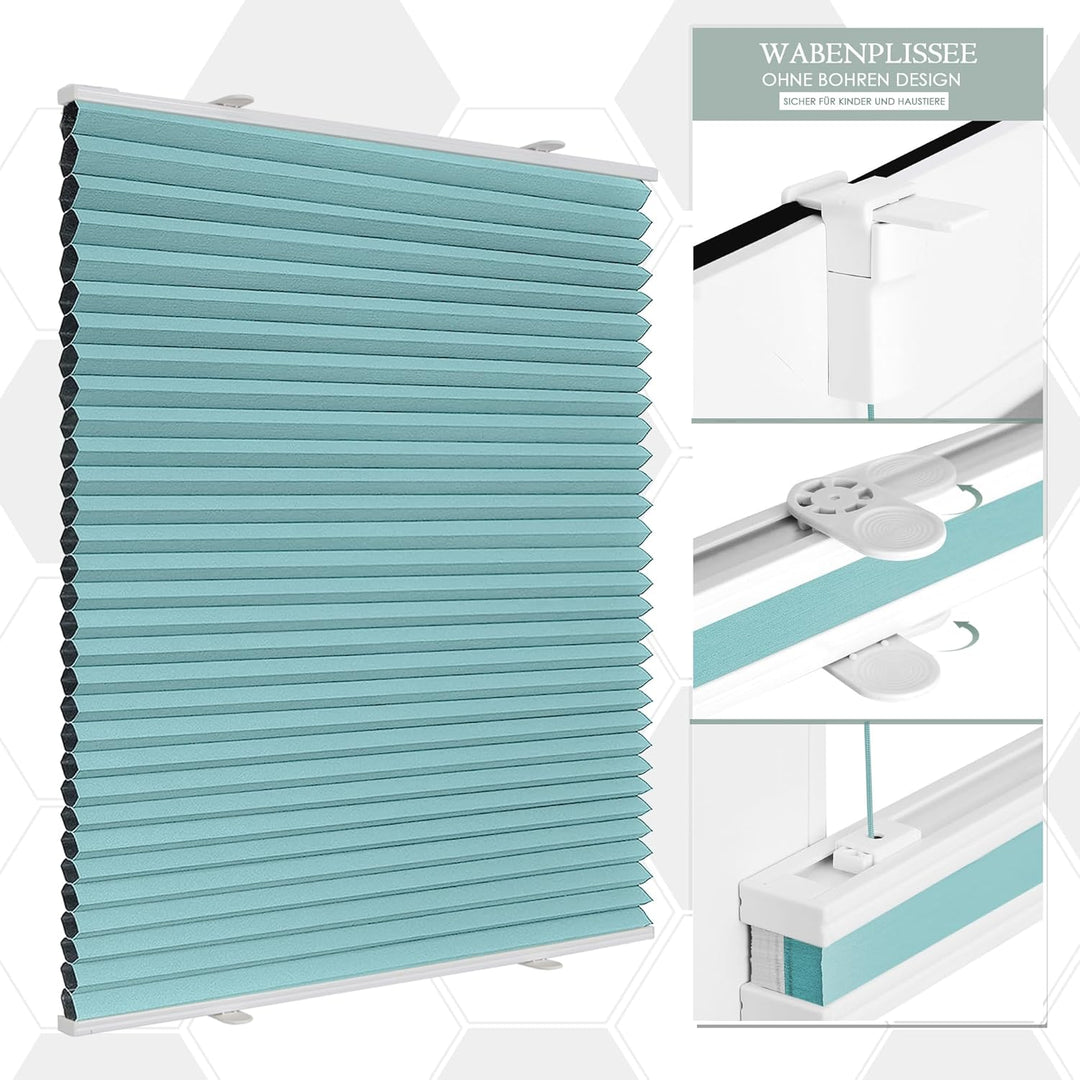 bobodeco Wabenplissee Plissee ohne Bohren Verdunkelung Klemmfix Thermo Verdunklungsplissee, Hellblau