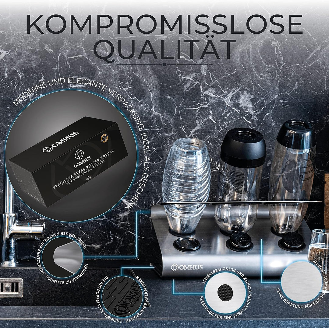 DOMHUS® Premium Abtropfhalter für SodaStream Flaschenhalter aus Edelsthal mit Abtropfmatte | Kompati