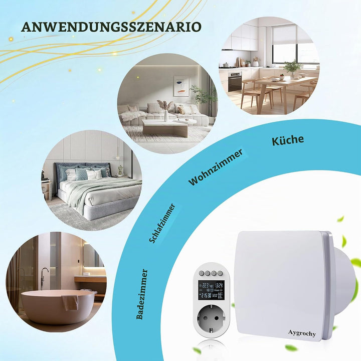 Aygrochy Badlüfter 100mm mit Steckdose, die Timer, nachlauf, Temperatur und Feuchtigkeitssensor- Abl