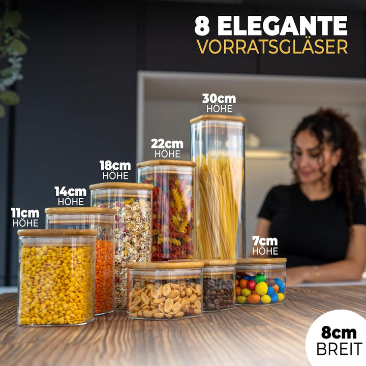 CLIDOR Vorratsgläser mit Deckel, Eckig - 8er Set - 5,2L Vol., Erhöhte Glasstärke, Vorratsdosen mit D