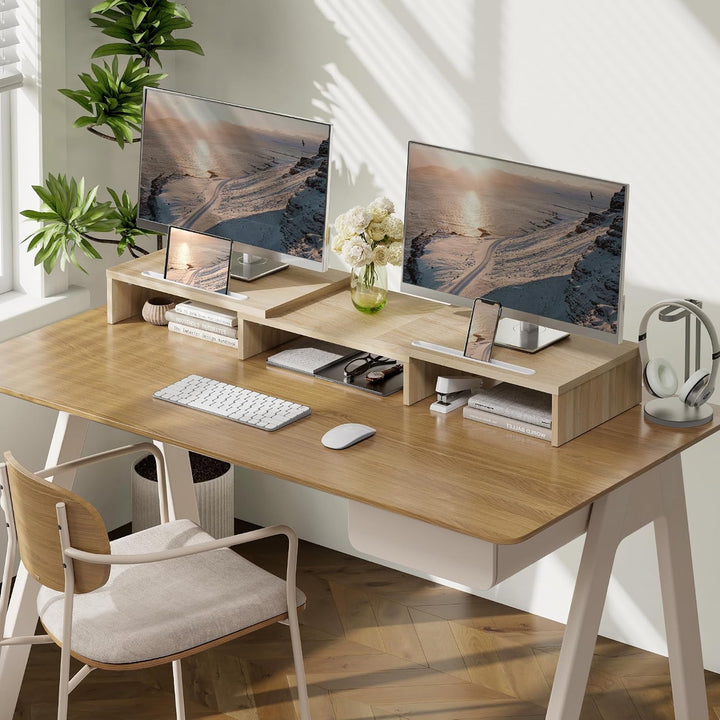 FITUEYES Dual Monitor Ständer Holz Drehbar Länge Verstellbar mit Halteschlitz für Smartphones Tablet