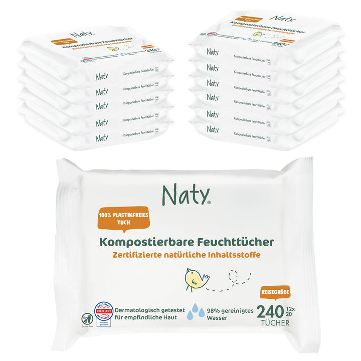 Naty Baby Feuchttücher | 100% pflanzenbasiert & unparfümiert für empfindliche Haut | Plastikfreie &