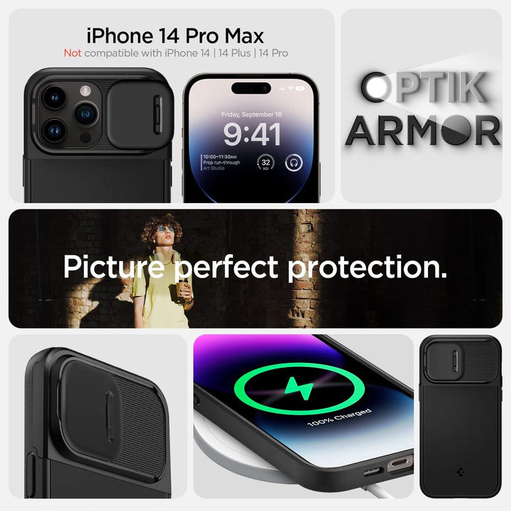 Spigen Optik Armor MagFit Hülle Kompatibel mit iPhone 14 Pro Max -Schwarz, Schwarz