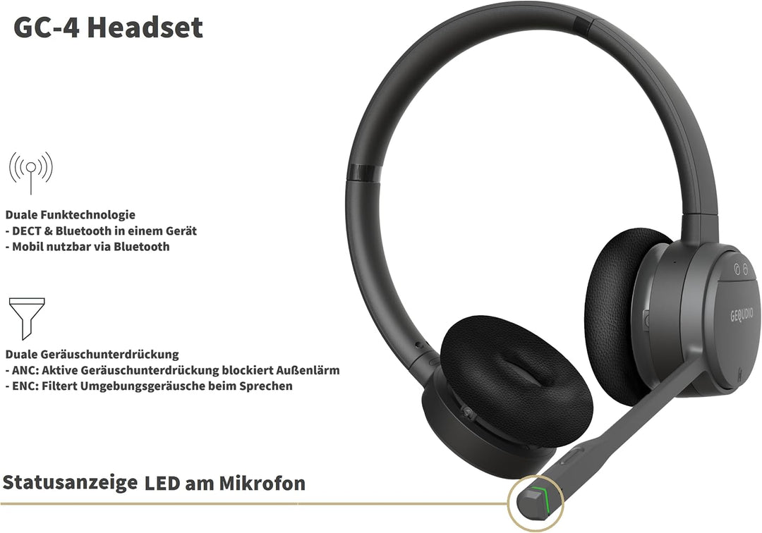 GEQUDIO GC-4 Premium Edition DECT &amp; Bluetooth Headset für FritzBox GC-4 ANC/ENC (2-Ohr) &amp; Ladeschale