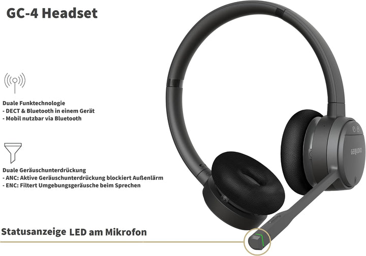 GEQUDIO GC-4 Premium Edition DECT &amp; Bluetooth Headset für FritzBox GC-4 ANC/ENC (2-Ohr) &amp; Ladeschale